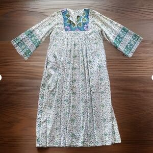 VTG RAMONA RULL Women's M White Blue Floral Cotton Kaftan Duster Dress w Pockets